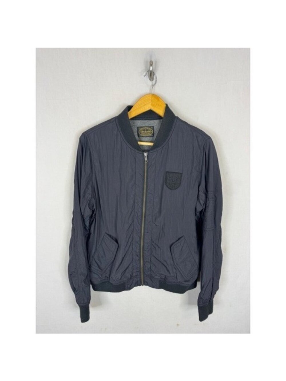 True Religion Mens M Black Nylon Bomber Jacket Zip Up Horseshoe Logo Lined
